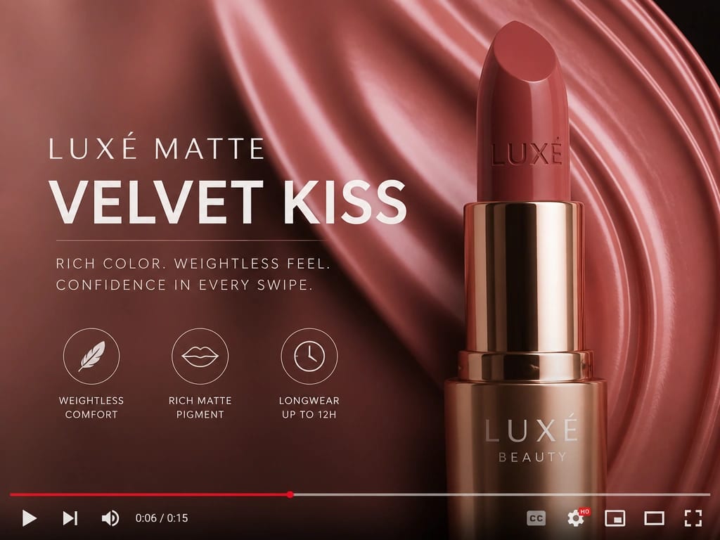Seedance 2.5 lipstick campaign video with product messaging and playback controls